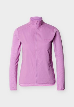 Veste mauve claire à fermeture éclair intégrale avec col montant, manches longues texturées, poches zippées et logo Salomon sur la poitrine.
