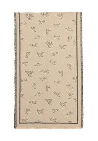 Beige tekstil med sorte konturillustrationer af legende figurer, afgrænset af en mørkegrå frynse. Mønsteret er jævnt fordelt over overfladen.