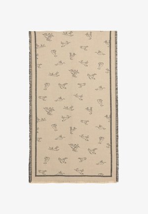 Tessuto beige con illustrazioni a contorno nero di figure giocose, bordato da una frangia grigio scuro. Il motivo è distribuito uniformemente sulla superficie.