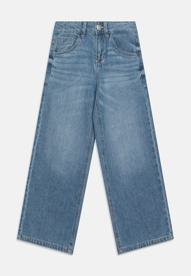 Jeans de denim de pierna ancha en azul claro con cierre de botón y cremallera, diseño de cinco bolsillos y detalles de costura en la cintura y el dobladillo.