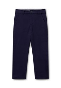 Pantalones azul marino de algodón con una textura suave, que cuentan con dos bolsillos laterales y un cierre de botón, diseñados para un ajuste relajado.