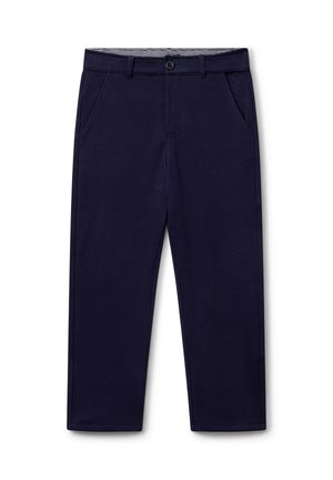 Marineblaues Baumwoll-Hosen mit glatter Textur, ausgestattet mit zwei Seitentaschen und einem Knopfverschluss, gestaltet für eine entspannte Passform.