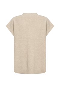 Beige oversized tröja med en subtil ribbad textur. Kappsleeves och en rundad halsringning, med en central sömdetalj på ryggen.