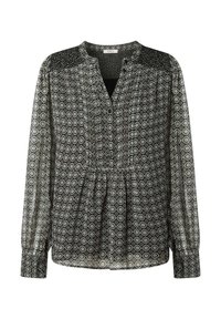 Blusa nera con bottoni, decorata con un delicato motivo a rombi, con un davanti arruffato e maniche lunghe con polsini abbottonati. Tessuto trasparente con spalle texturate.
