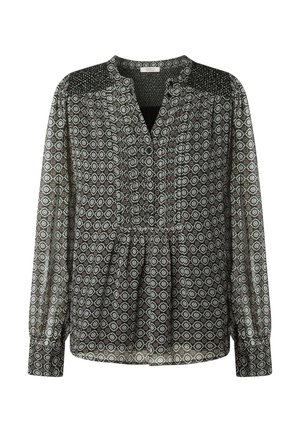 Zwarte blouse met knopen, voorzien van een subtiel diamanten patroon, een gerimpelde voorkant en lange mouwen met knopenmanchetten. Doorzichtig materiaal met gestructureerde schouders.