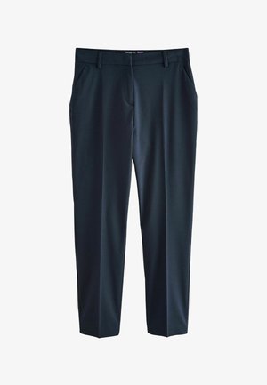 Täiendavad sinised püksid on valmistatud siledast kangast, millel on kohandatud sobivus, kaks külgtaskut ja sirge jala disain.