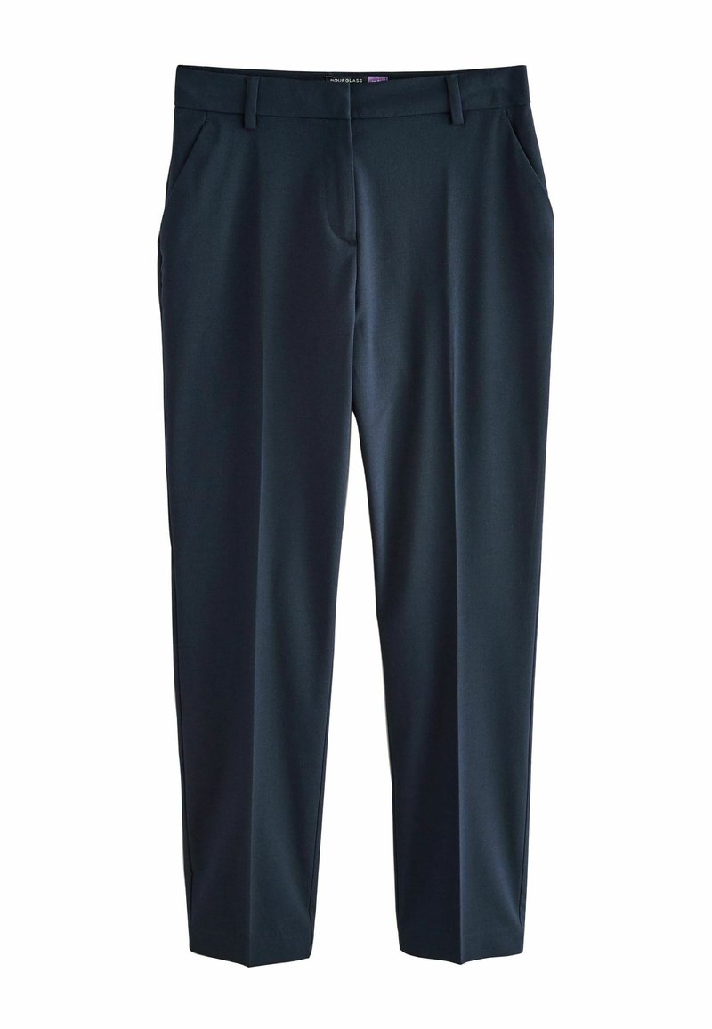 Námořnické kalhoty vyrobené z hladké tkaniny s přizpůsobeným střihem, obsahující dvě boční kapsy a rovný střih nohavic.