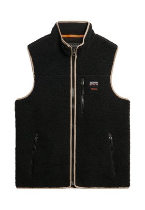 Czarna kamizelka bez rękawów z polaru z beżowym wykończeniem, zamkiem błyskawicznym z przodu, trzema kieszeniami na zamki oraz logo Superdry Outdoor Co. na piersi.