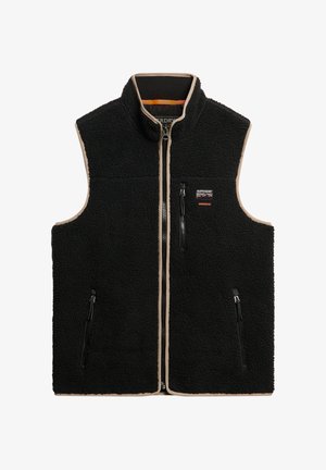 Czarna kamizelka bez rękawów z polaru z beżowym wykończeniem, zamkiem błyskawicznym z przodu, trzema kieszeniami na zamki oraz logo Superdry Outdoor Co. na piersi.