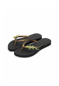 Black flip-flops with textured soles, featuring bronze straps and two jeweled lizard accents in green and gold on each strap.