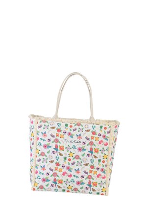 Canvas tote bag with floral design, featuring multicolored flowers, butterflies, and skulls; cream-colored handles and frayed edges.
