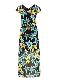Maxikleid aus schwarzem Stoff mit floraler Musterung aus türkisfarbenen und gelben Blumen. V-Ausschnitt, kurze Ärmel und Kordelzug in der Taille.