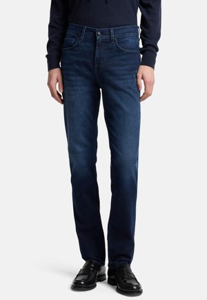 Dark blue denim jeans with a straight leg design, featuring front pockets, subtle stitching, and a metal button closure.