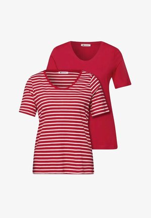 Deux t-shirts à manches courtes pour femmes, un rouge uni et un rouge à rayures blanches horizontales, tous deux avec un col rond.