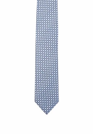 Narrow necktie in light blue fabric with a geometric pattern of dark blue squares and rectangles, featuring a pointed tip.