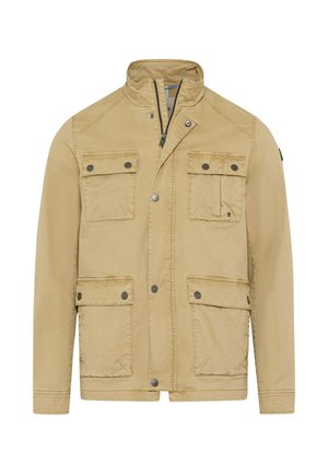 Beige utility jacket with four buttoned flap pockets, zipper and snap button front closure, and a short stand collar.