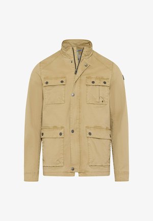 Beige Utility-Jacke mit vier aufgesetzten Taschen mit Knopflaschen, Reißverschluss und Druckknopfverschluss vorne sowie kurzem Stehkragen.