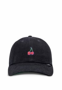 Black cotton cap featuring embroidered red cherries with green stems on the front; curved brim and adjustable back strap.