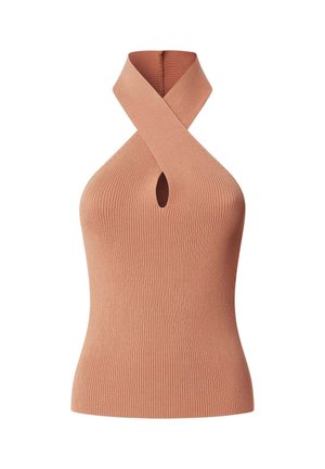 Top sin mangas de punto acanalado en marrón claro con un escote halter torcido y una pequeña abertura en forma de ojo de cerradura en el centro delantero.