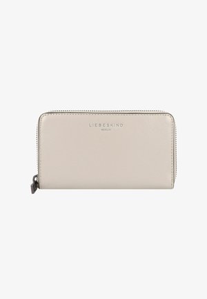 Light beige leather wallet with a textured finish. Features a zip closure, embossed logo, and contrasting stitching along the edges.