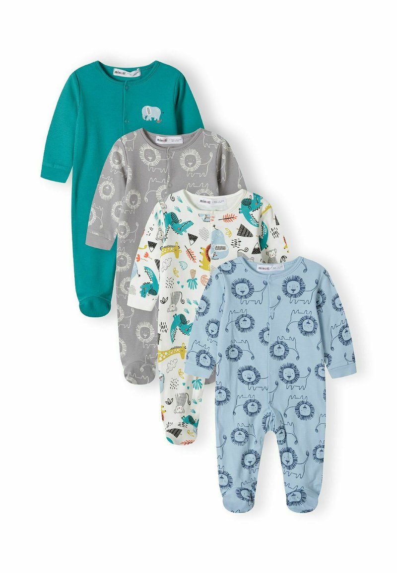 Štirje otroški kombinezončki: turkizni z zasnovo slona, sivi z vzorcem leva, beli z barvitimi živalskimi odtisi in svetlo modri z levi.