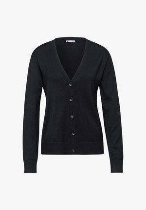 Zwarte cardigan met een V-hals, lange mouwen, geribbelde manchetten en boord, en vijf zwarte knopen aan de voorkant voor sluiting.