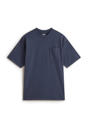 T-shirt in cotone blu navy con collo rotondo, maniche corte e taschino sul petto. Presenta un orlo dritto e un design minimal.
