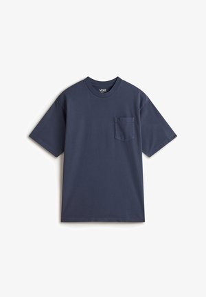 Granatowa bawełniana koszulka z okrągłym dekoltem, krótkimi rękawami i kieszenią na piersi. Posiada prosty dół oraz minimalistyczny design.