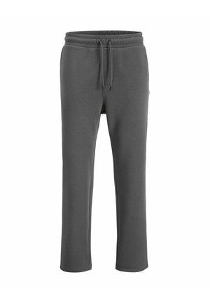 Grå sweatpants med elastisk talje, justerbar snor og sidelommer. Fremstillet af blødt fleece-materiale med en glat tekstur.