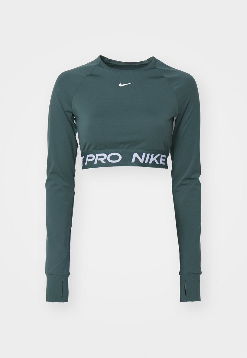 Top corto a maniche lunghe verde scuro realizzato in tessuto morbido. Presenta un logo e una banda bianca a contrasto con la scritta "PRO NIKE" all'orlo.