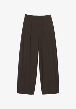 Dark brown, wide-leg trousers with a pleated front. Made from soft fabric, featuring a classic waistband and no visible hardware.