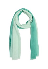 Écharpe légère avec un dégradé allant du vert pâle au bleu-vert. Texture douce avec des extrémités effilochées. Convient pour un style polyvalent.