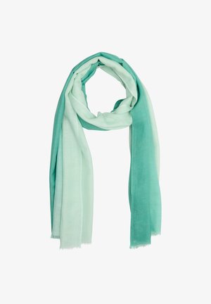 Lichte sjaal met een verloop van lichtgroen naar teal. Zachte textuur met franjes aan de uiteinden. Geschikt voor veelzijdige styling.