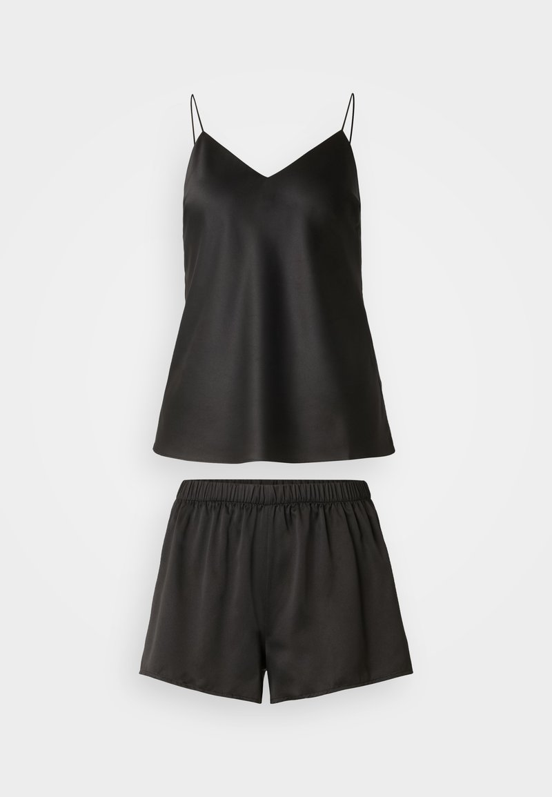 Schwarzes Satin-Cami mit dünnen Trägern und V-Ausschnitt, kombiniert mit passenden locker sitzenden Shorts mit elastischem Bund.