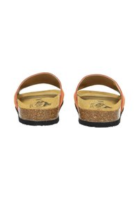 Orange slide sandals with a cork midsole, black rubber outsole, and two wide straps. Smooth texture on the insoles, featuring a logo.
