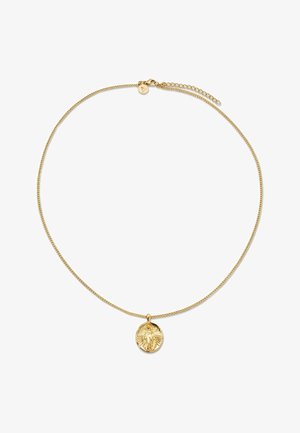 Goldene Halskette mit rundem religiösem Anhänger, der eine gravierte Figur und strahlende Strahlen zeigt, gesichert mit einem Karabinerverschluss.