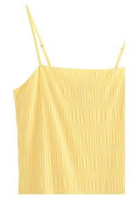 Gul smocked camisole med tynde justerbare stropper, der har en tekstureret overflade med vandrette plisseringer. Blødt stof, afslappet pasform.