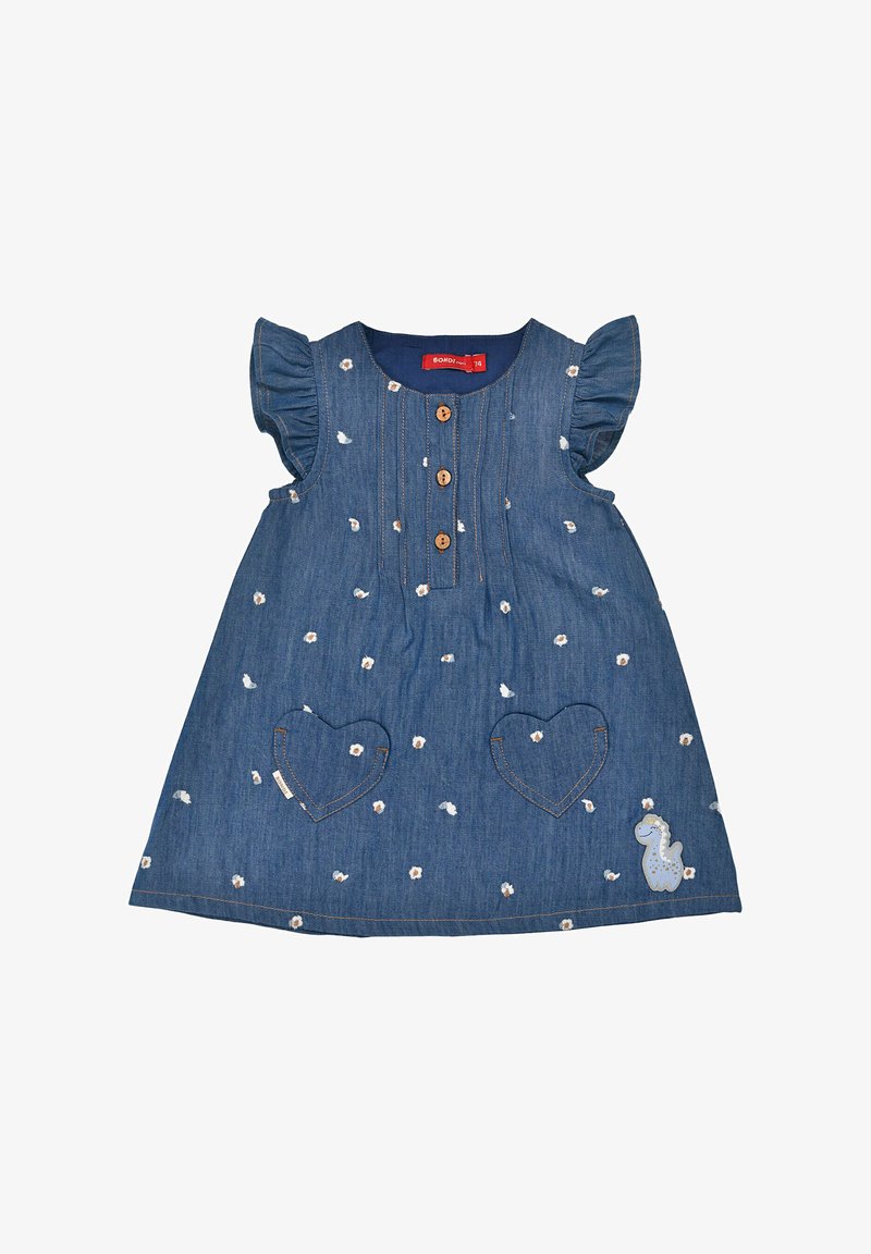 Denim dress with ruffled sleeves, button front, heart-shaped pockets, floral embroidery, and a light blue seahorse accent.