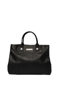 Zwarte leren tote bag met een gladde textuur, twee stevige handvatten, zilveren hardware en een rechthoekige strass-accent op de voorkant.