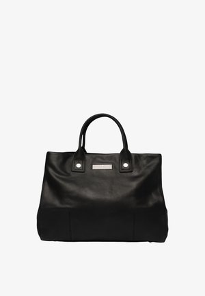 Black leather tote bag with smooth texture, two sturdy handles, silver hardware, and a rectangular rhinestone accent on the front.