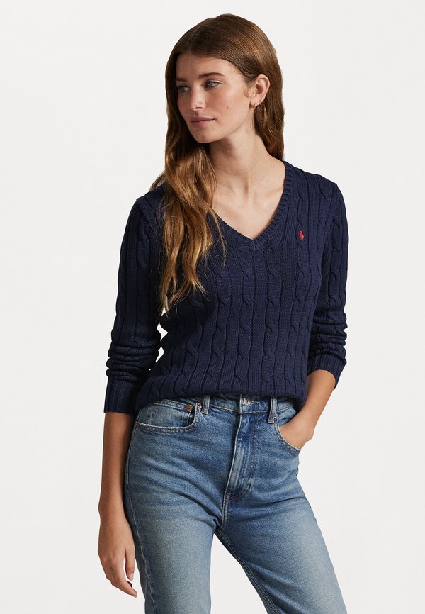 CABLE KNIT COTTON V NECK SWEATER - Jumper - marine
