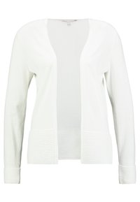 Cardigan bianco realizzato in morbido tessuto a maglia, con scollo a V, apertura frontale e polsini e orlo fondo a coste testurizzate.