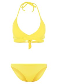 Gelbes Bikini-Set mit einem Wickel-Oberteil, das Halsbänder hat, und einem passenden tief sitzenden Höschen. Glattes, dehnbares Material ohne Muster.