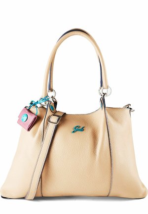 Borsa a mano in pelle beige lavorata con doppi manici, tracolla staccabile, piccola pochette rosa attaccata e logo del marchio blu sul davanti.