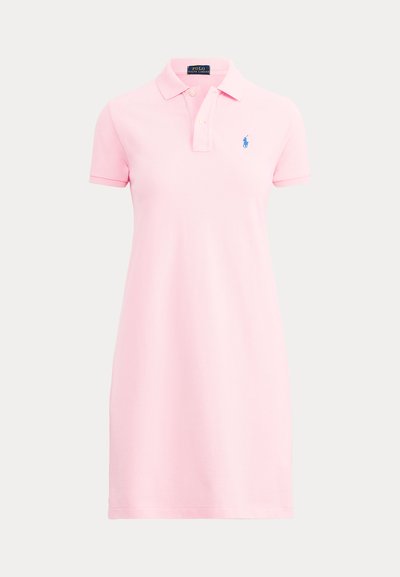 Pink short-sleeve polo dress with collar, two-button placket, and small blue embroidered logo on the left chest.