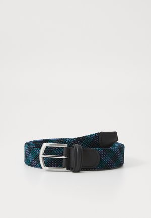 Geflochtener Gürtel aus dunkelgrünem und blauem elastischen Material mit schwarzen Lederminiaturen; silberne Metallschnalle in rechteckiger Form mit Dorn.