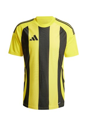 Schwarz-gelb gestreiftes, kurzärmliges Sporttrikot mit Rundhalsausschnitt, aus leichtem Stoff, mit drei schwarzen Schulterstreifen.