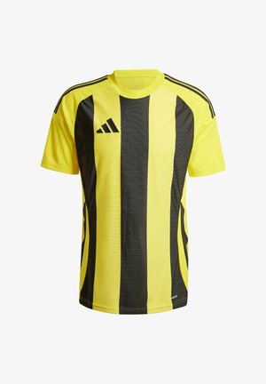 Schwarz-gelb gestreiftes, kurzärmliges Sporttrikot mit Rundhalsausschnitt, aus leichtem Stoff, mit drei schwarzen Schulterstreifen.