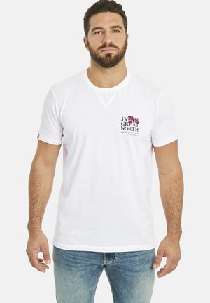 White cotton t-shirt with short sleeves, round neck, featuring a colorful graphic print and text on the left chest. Casual fit.