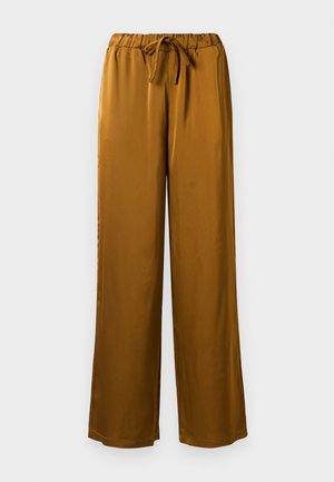 Hnedé saténové nohavice s širokými nohavicami, elastickým pásom a sťahovacou šnúrkou. Hladká textúra a dizajn po celú dĺžku s voľným strihom.